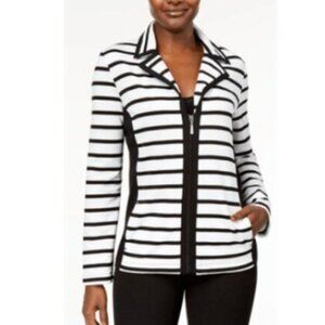 Karen Scott Sport Striped Zip Jacket L Black White Stretch Knit Notch Collar
